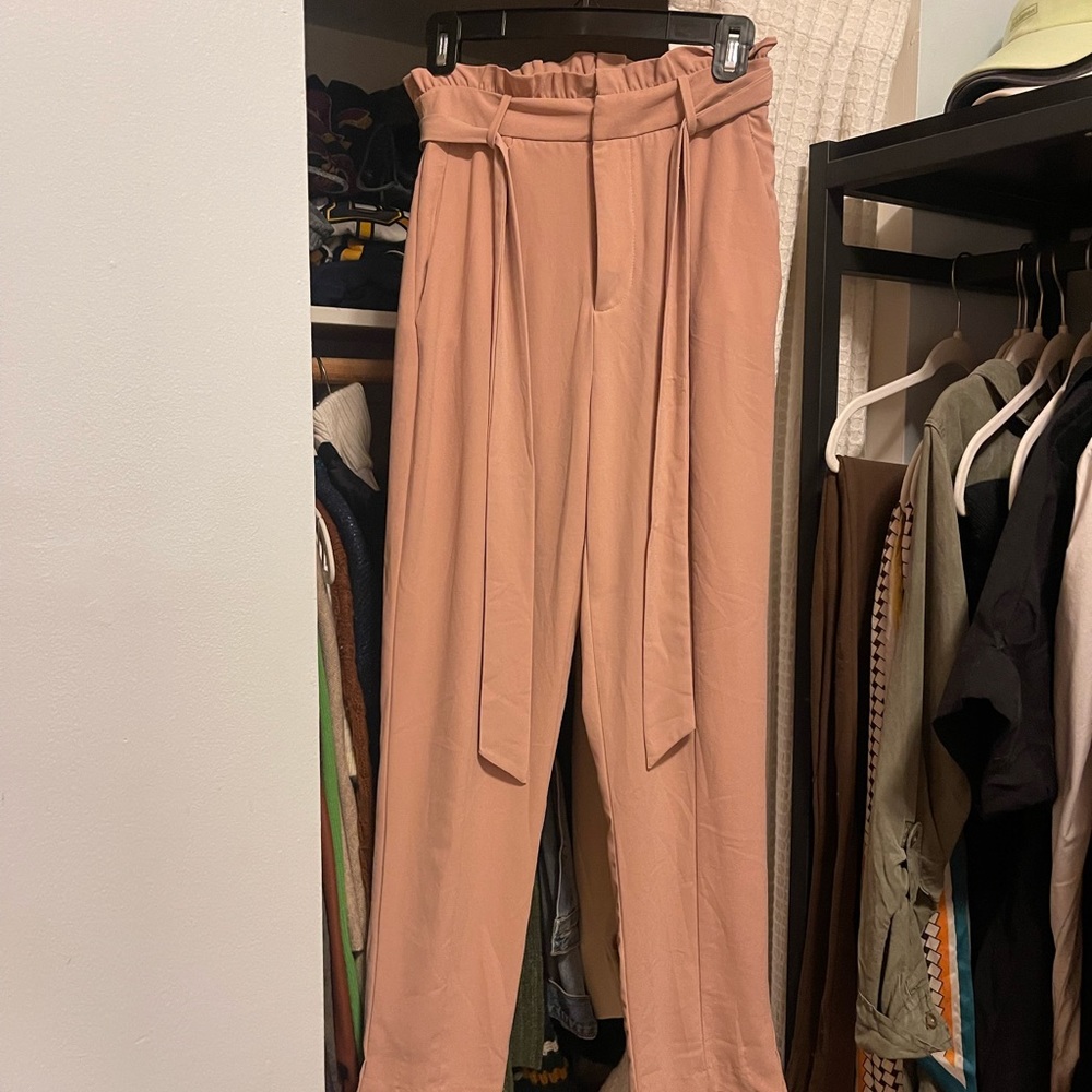 High Waisted Trousers with Belt in Neutral Pink